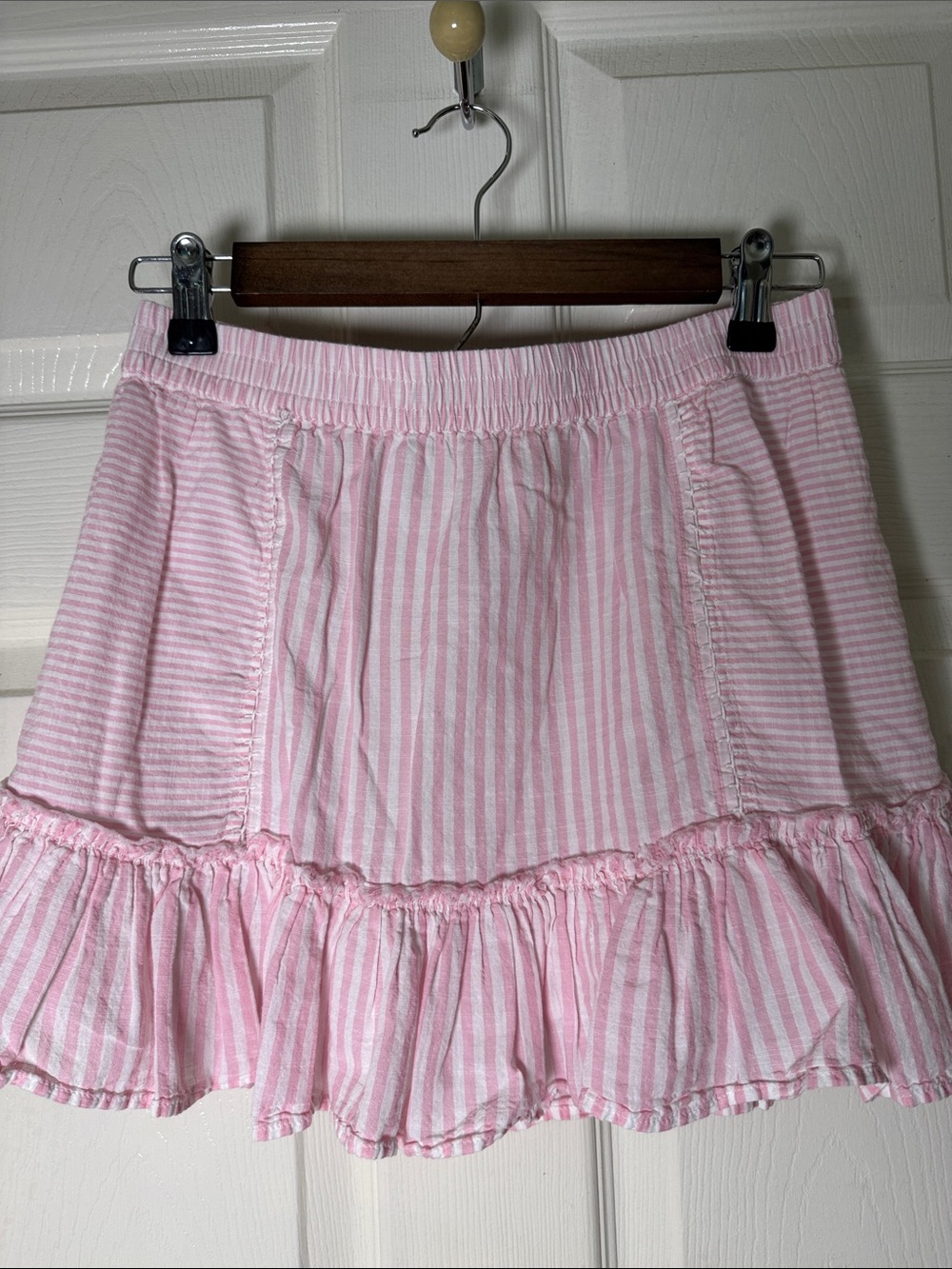 LoveShackFancy Pink and White Striped Ruffle Cotton Mini Skirt Sz Medium